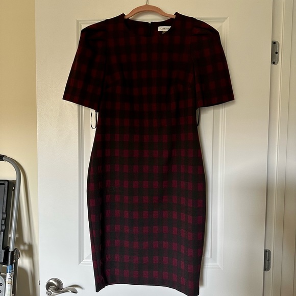 EUC Calvin Klein Short Checked Shift Dress with Oversized Puff Sleeves - Picture 9 of 9